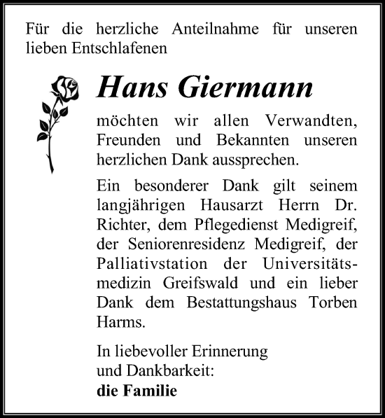 Traueranzeige von Hans Giermann von Ostsee-Zeitung GmbH