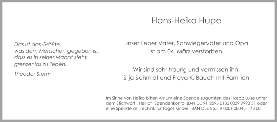 Traueranzeige von Hans-Heiko Hupe von Hannoversche Allgemeine Zeitung/Neue Presse