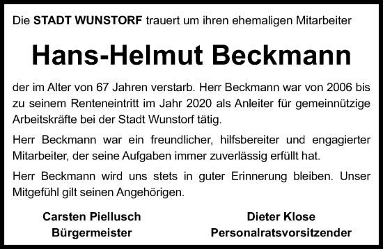 Traueranzeige von Hans-Helmut Beckmann von Hannoversche Allgemeine Zeitung/Neue Presse