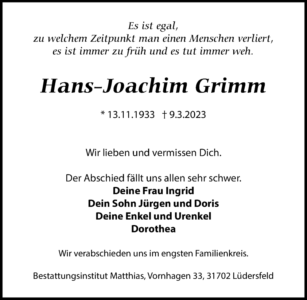  Traueranzeige für Hans-Joachim Grimm vom 22.03.2023 aus Leipziger Volkszeitung