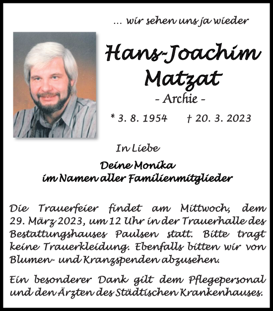 Traueranzeigen Von Hans Joachim Matzat Trauer Anzeigen De