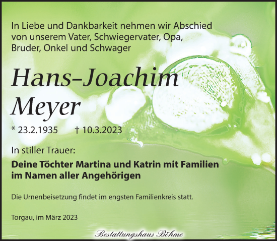 Traueranzeige von Hans-Joachim Meyer von Torgauer Zeitung