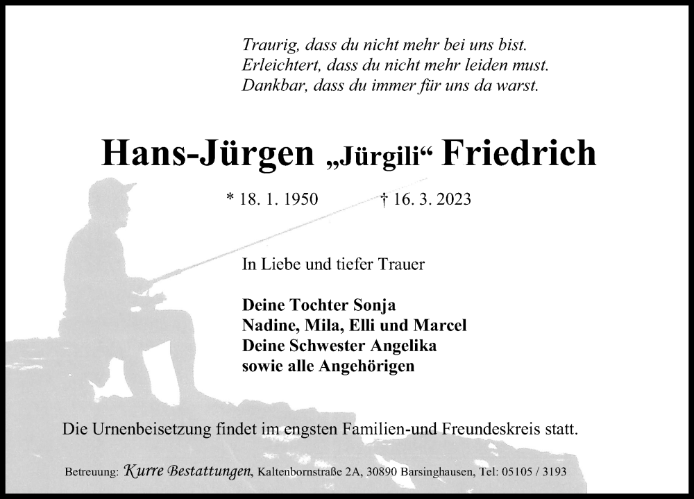  Traueranzeige für Hans-Jürgen Friedrich vom 25.03.2023 aus Hannoversche Allgemeine Zeitung/Neue Presse