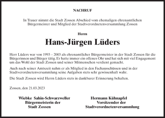Traueranzeige von Hans-Jürgen Lüders von Märkischen Allgemeine Zeitung