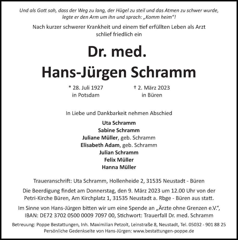  Traueranzeige für Hans-Jürgen Schramm vom 07.03.2023 aus Hannoversche Allgemeine Zeitung/Neue Presse