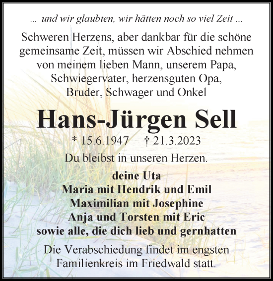 Traueranzeige von Hans-Jürgen Sell von Ostsee-Zeitung GmbH
