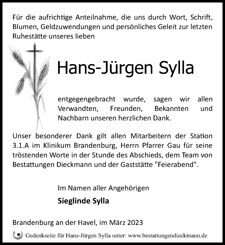  Traueranzeige für Hans-Jürgen Sylla vom 11.03.2023 aus Märkischen Allgemeine Zeitung
