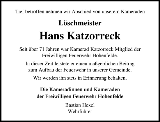 Traueranzeige von Hans Katzorreck von Ostsee-Zeitung GmbH