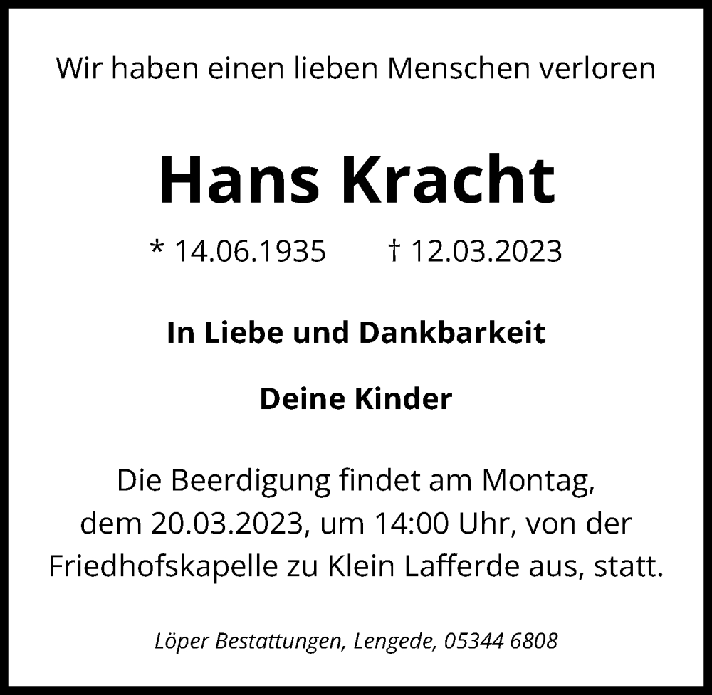  Traueranzeige für Hans Kracht vom 16.03.2023 aus Peiner Allgemeine Zeitung