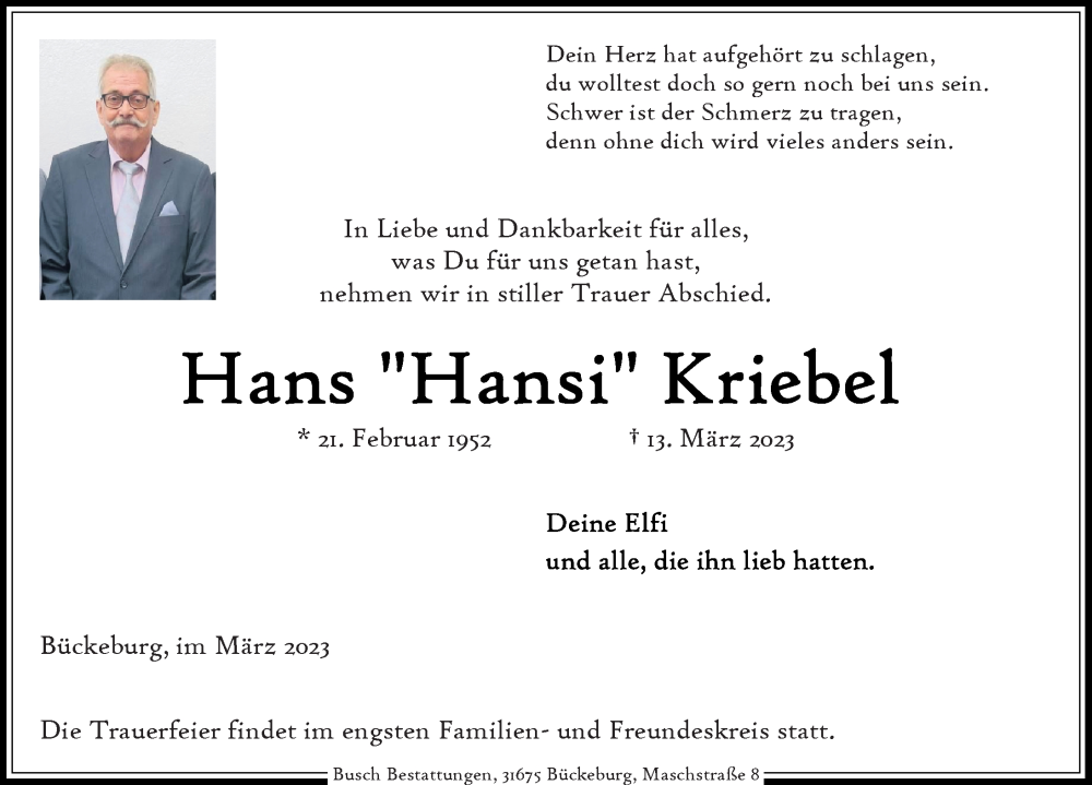  Traueranzeige für Hans Kriebel vom 18.03.2023 aus Schaumburger Nachrichten