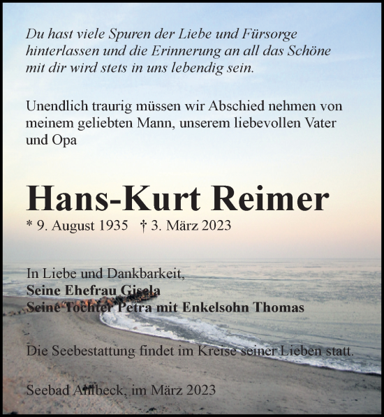 Traueranzeige von Hans-Kurt Reimer von Ostsee-Zeitung GmbH