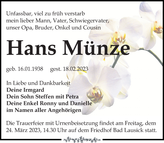 Traueranzeige von Hans Münze von Leipziger Volkszeitung