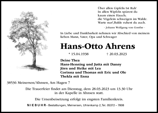 Traueranzeige von Hans-Otto Ahrens von Aller Zeitung