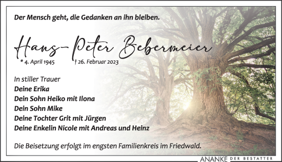 Traueranzeige von Hans-Peter Bebermeier von Leipziger Volkszeitung