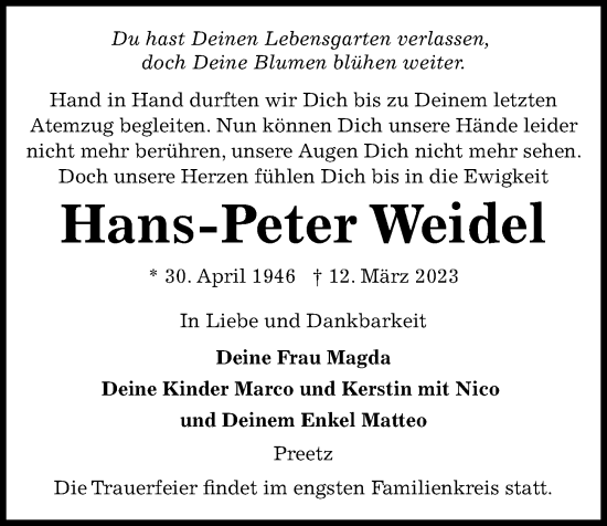 Traueranzeige von Hans-Peter Weidel von Kieler Nachrichten