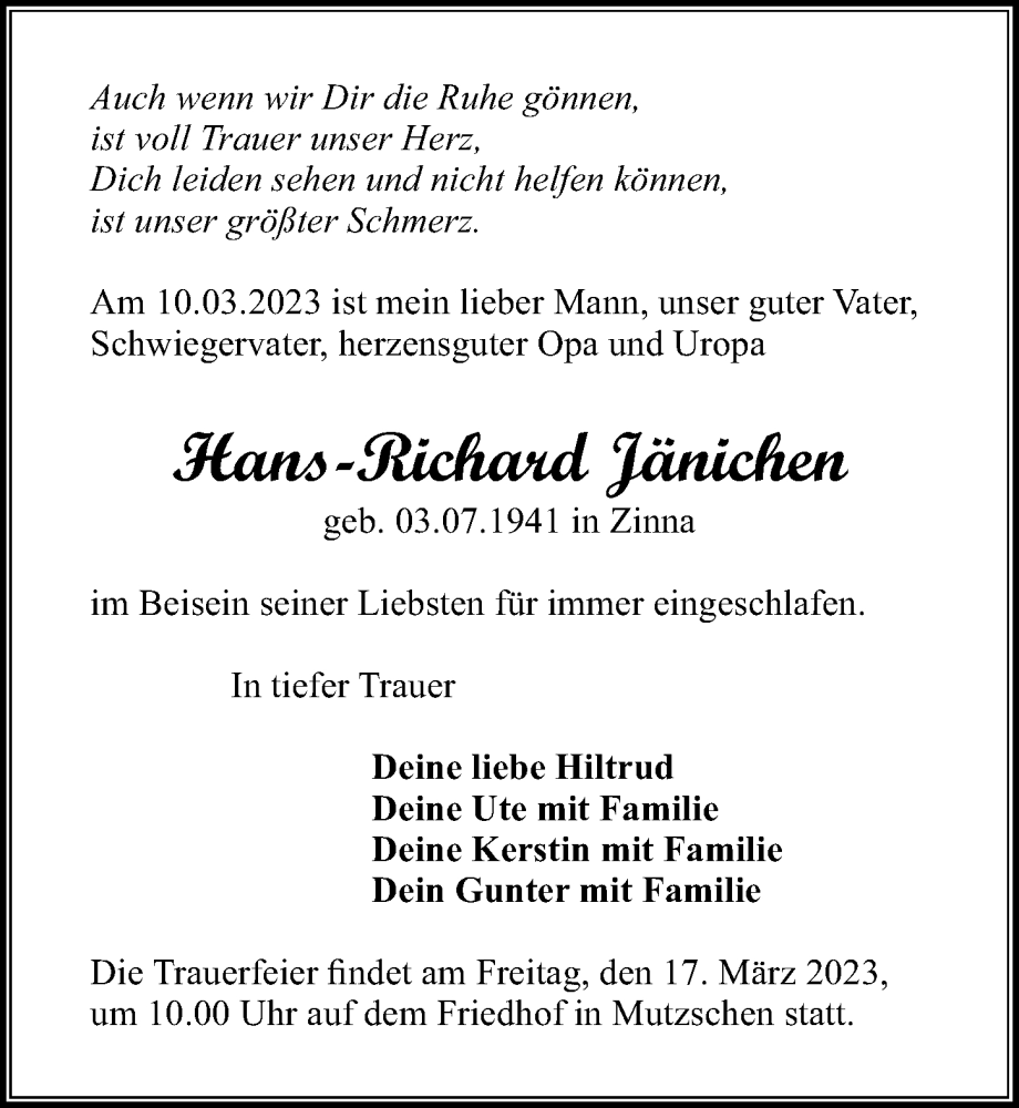  Traueranzeige für Hans-Richard Jänichen vom 14.03.2023 aus Leipziger Volkszeitung