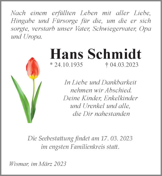 Traueranzeige von Hans Schmidt von Ostsee-Zeitung GmbH