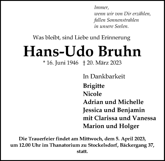 Traueranzeige von Hans-Udo Bruhn von Lübecker Nachrichten