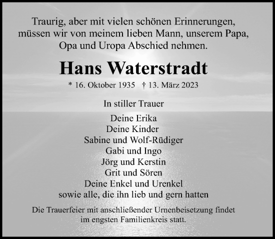 Traueranzeige von Hans Waterstradt von Ostsee-Zeitung GmbH