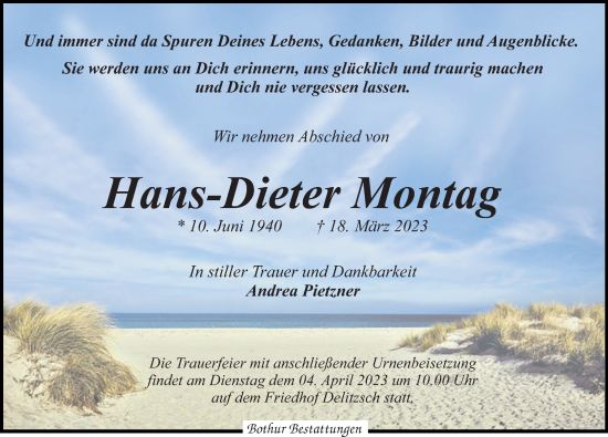 Traueranzeige von Hans Dieter Montag von Leipziger Volkszeitung