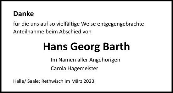 Traueranzeige von Hans Georg Barth von Ostsee-Zeitung GmbH