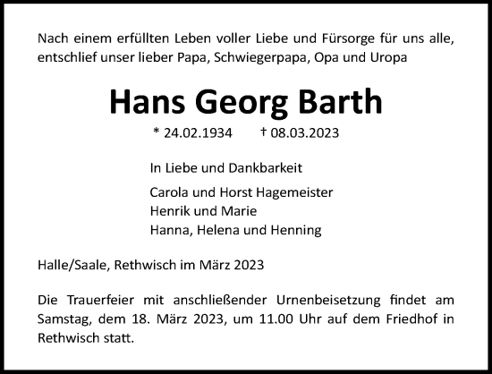 Traueranzeige von Hans Georg Barth von Ostsee-Zeitung GmbH