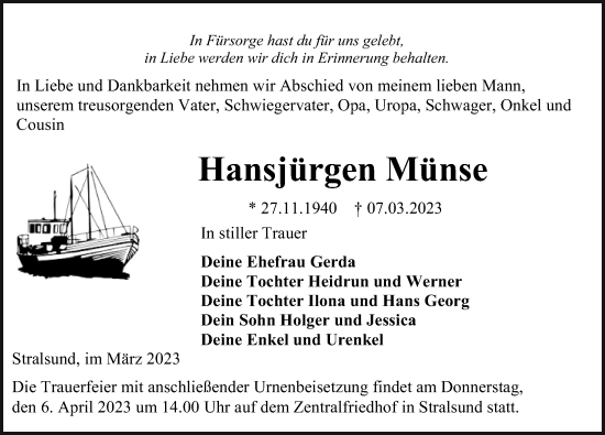 Traueranzeige von Hansjörgen Münse von Ostsee-Zeitung GmbH