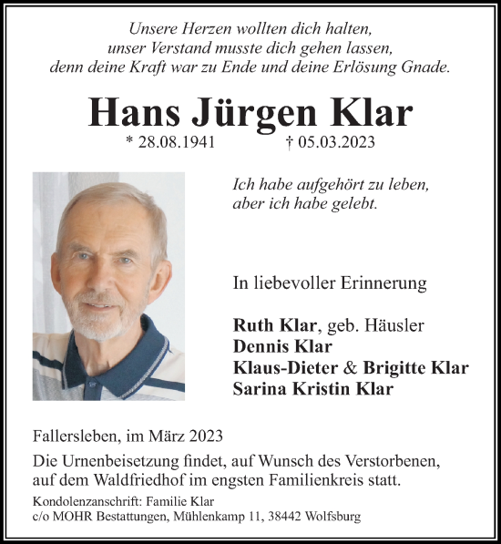 Traueranzeige von Hans Jürgen Klar von Aller Zeitung