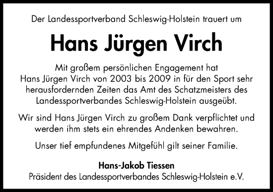 Traueranzeige von Hans Jürgen Virch von Kieler Nachrichten