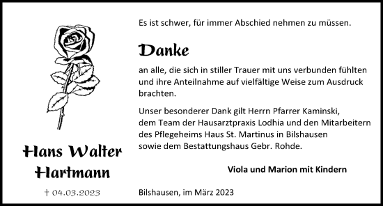 Traueranzeige von Hans Walter Hartmann von Eichsfelder Tageblatt