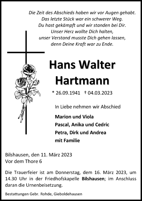 Traueranzeige von Hans Walter Hartmann von Eichsfelder Tageblatt