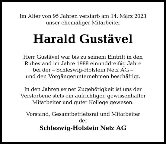 Traueranzeige von Harald Gustävel von Kieler Nachrichten