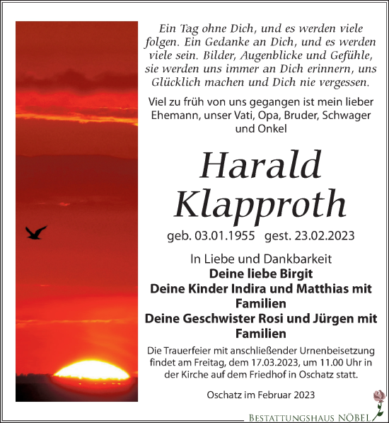 Traueranzeige von Harald Klapproth von Leipziger Volkszeitung