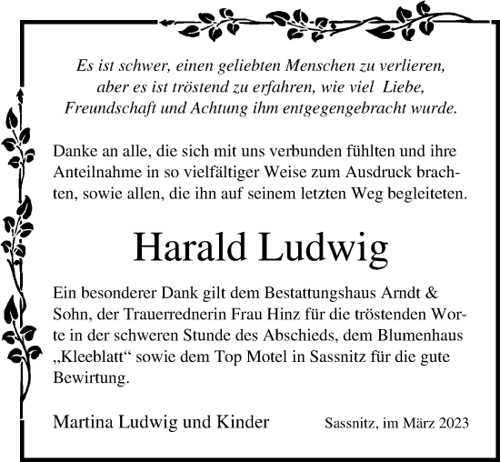 Traueranzeige von Harald Ludwig von Ostsee-Zeitung GmbH