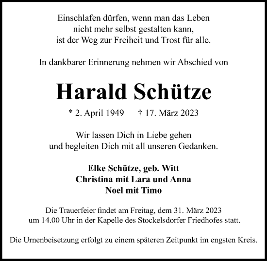 Traueranzeige von Harald Schütze von Lübecker Nachrichten