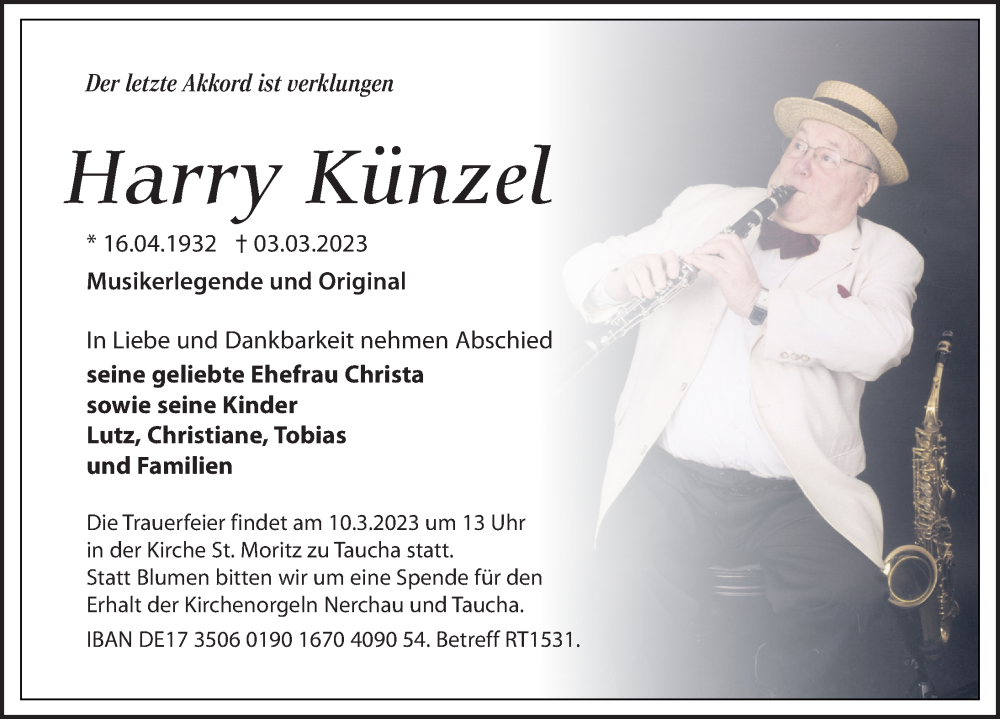  Traueranzeige für Harry Künzel vom 07.03.2023 aus Leipziger Volkszeitung