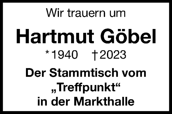 Traueranzeige von Hartmut Göbel von Hannoversche Allgemeine Zeitung/Neue Presse