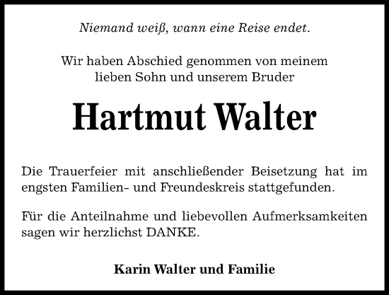 Traueranzeige von Hartmut Walter von Kieler Nachrichten