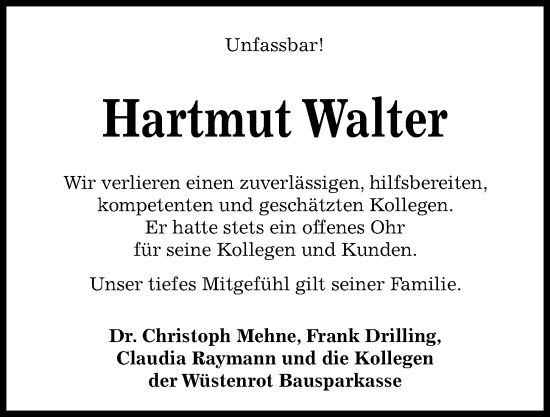 Traueranzeige von Hartmut Walter von Kieler Nachrichten