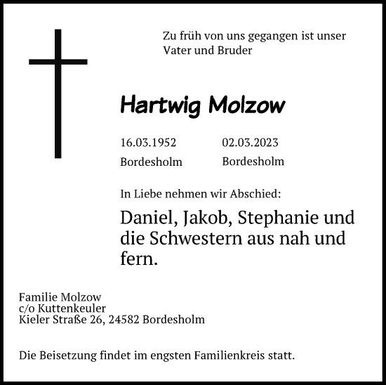 Traueranzeige von Hartwig Molzow von Kieler Nachrichten