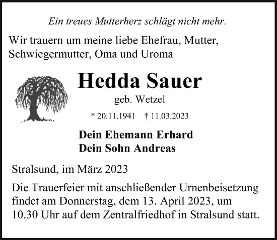 Traueranzeige von Hedda Sauer von Ostsee-Zeitung GmbH