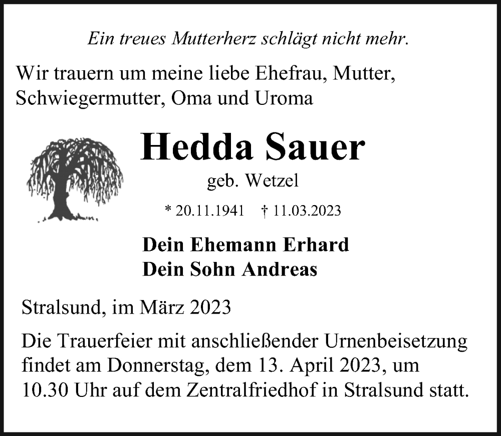  Traueranzeige für Hedda Sauer vom 25.03.2023 aus Ostsee-Zeitung GmbH