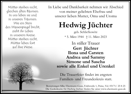 Traueranzeige von Hedwig Jüchter von Peiner Allgemeine Zeitung