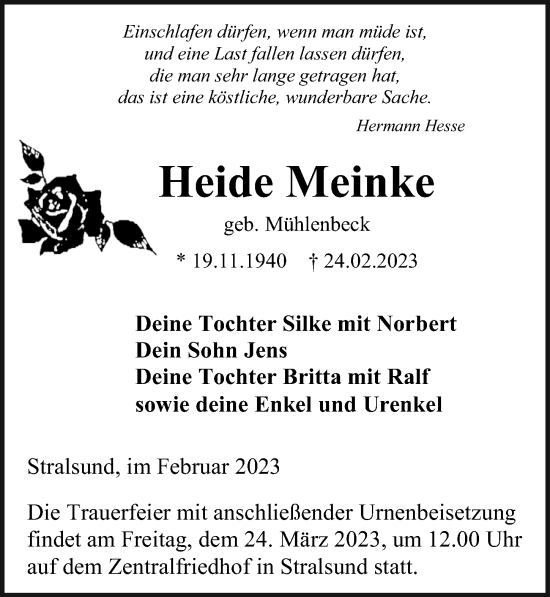 Traueranzeige von Heide Meinke von Ostsee-Zeitung GmbH