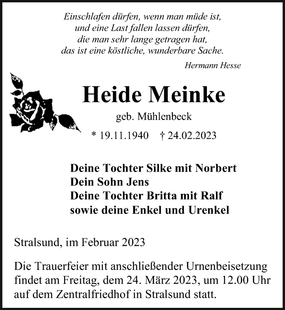  Traueranzeige für Heide Meinke vom 04.03.2023 aus Ostsee-Zeitung GmbH