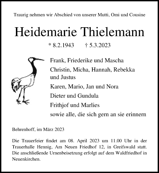Traueranzeige von Heidemarie Thielemann von Ostsee-Zeitung GmbH