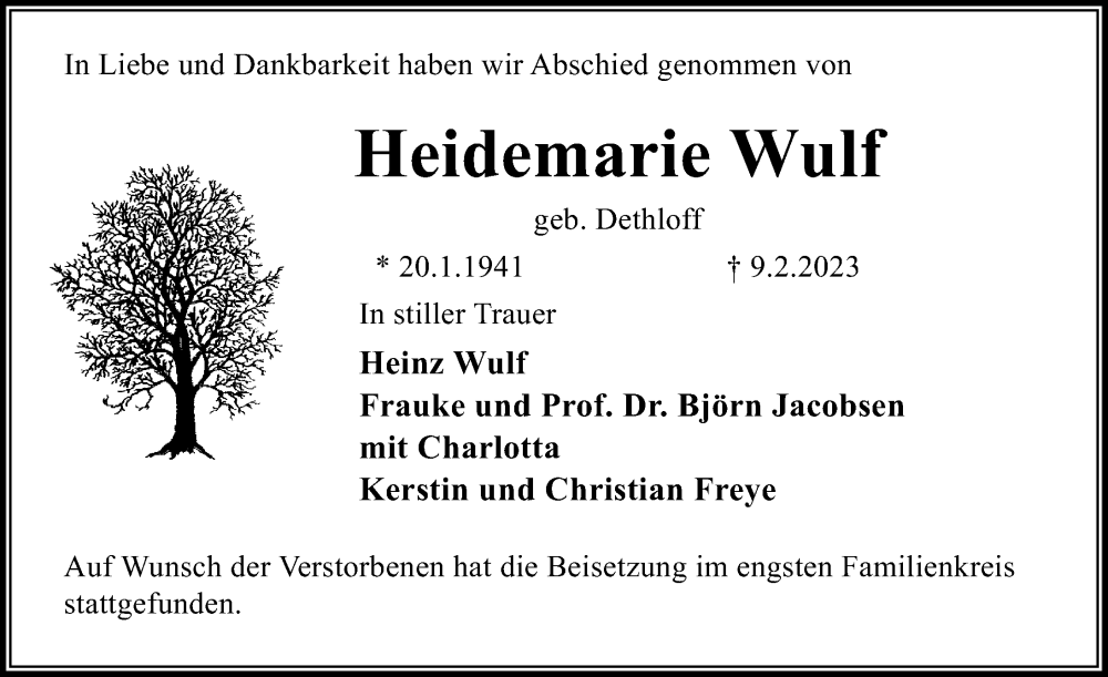  Traueranzeige für Heidemarie Wulf vom 05.03.2023 aus Lübecker Nachrichten