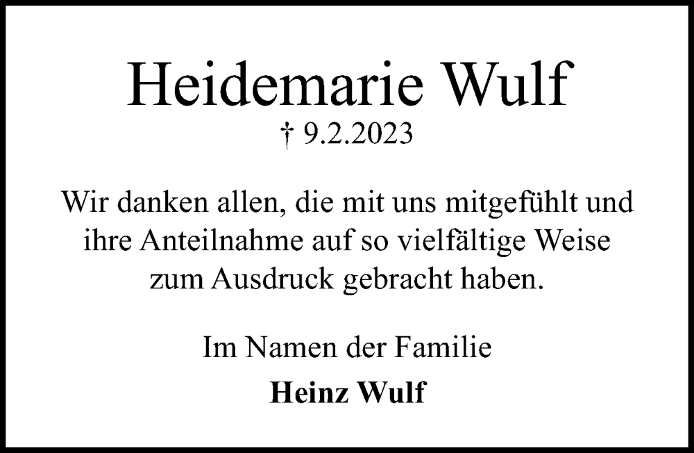  Traueranzeige für Heidemarie Wulf vom 12.03.2023 aus Lübecker Nachrichten