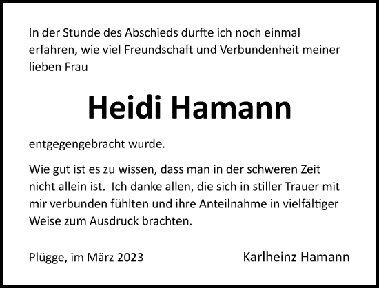 Traueranzeige von Heidi Hamann von Lübecker Nachrichten