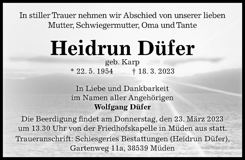  Traueranzeige für Heidrun Düfer vom 21.03.2023 aus Aller Zeitung